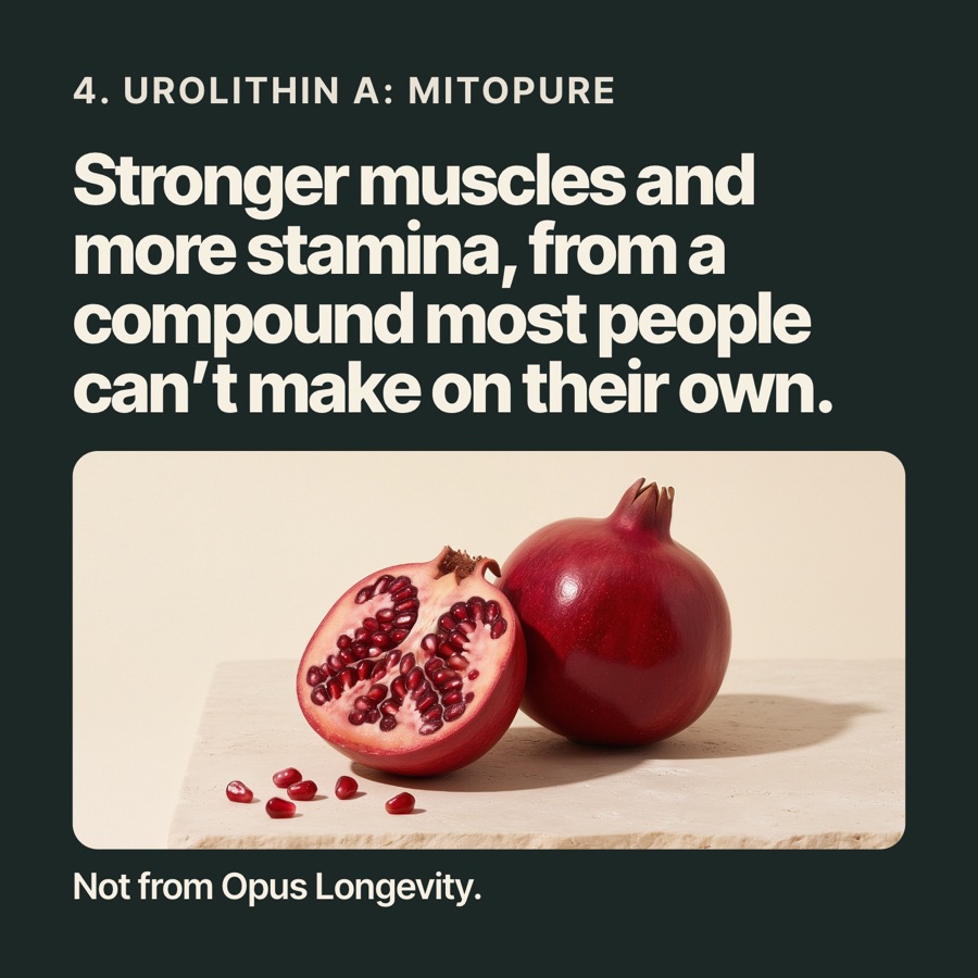 Card 5 of 7: 4. Urolithin A: Mitopure / Stronger muscles and more stamina, from a compound most people can’t make on their own. / Not from Opus Longevity.