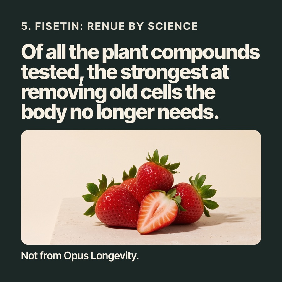 Card 6 of 7: 5. Fisetin: Renue By Science / Of all the plant compounds tested, the strongest at removing old cells the body no longer needs. / Not from Opus Longevity.
