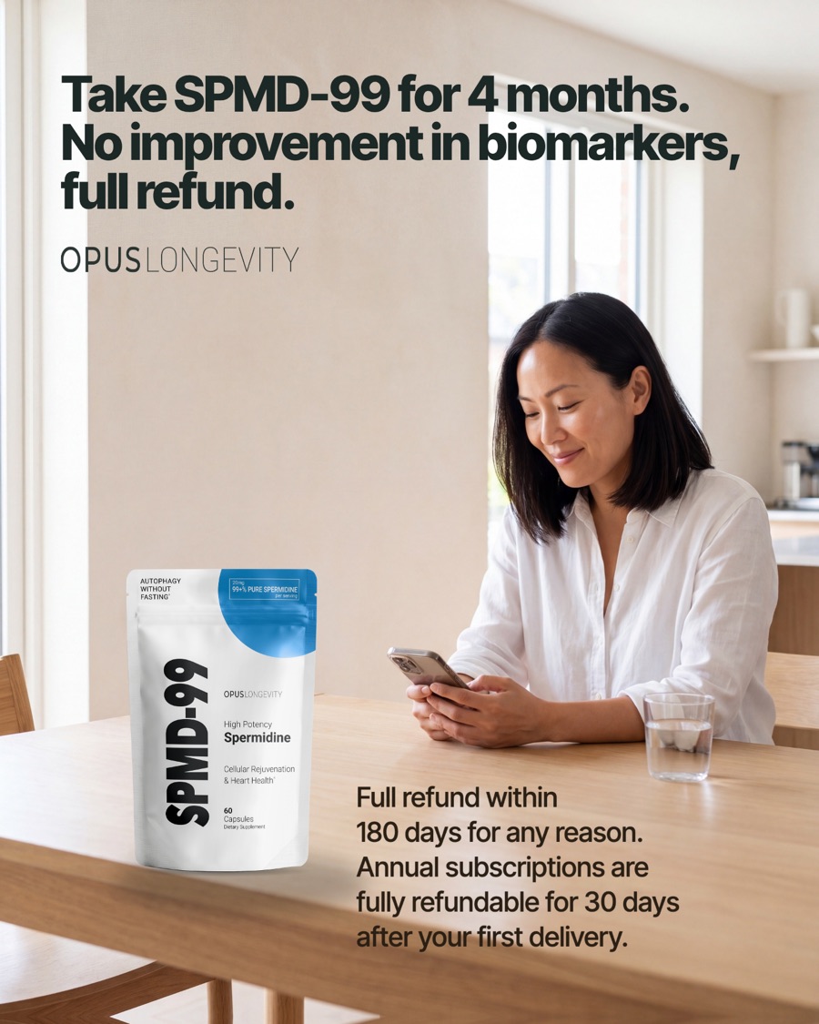 Ad picture: Take SPMD-99 for 4 months. / No improvement in biomarkers, / full refund.; OPUS LONGEVITY