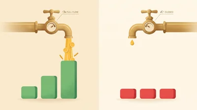 A faucet at full flow pours coins over growing green bars, while a closed faucet sits over flat red bars.