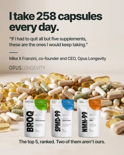 Image ad: I take 258 capsules every day, with BROQ, SPMD-99 and NMN-99 on a pile of capsules