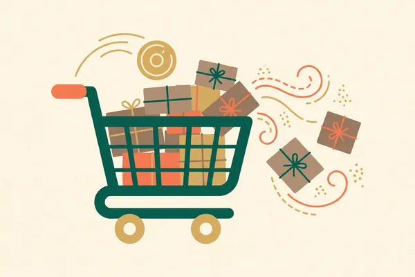A shopping cart piled high with wrapped parcels.
