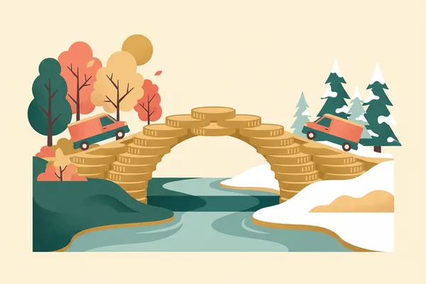 A bridge made of gold coins carries two little cars across a river from autumn into winter.