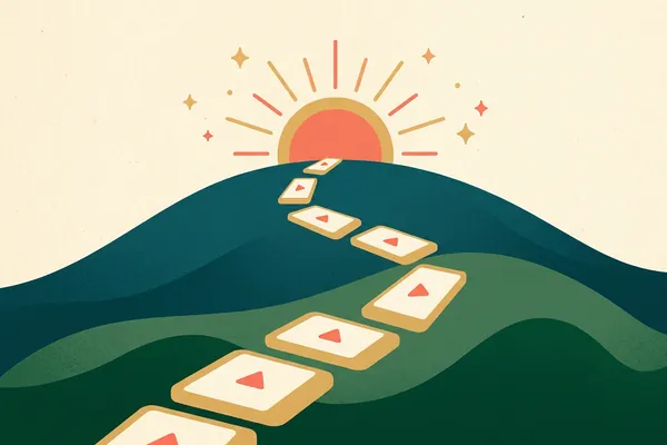 A winding path of stepping stones shaped like little video screens climbs a green hill toward a rising sun.