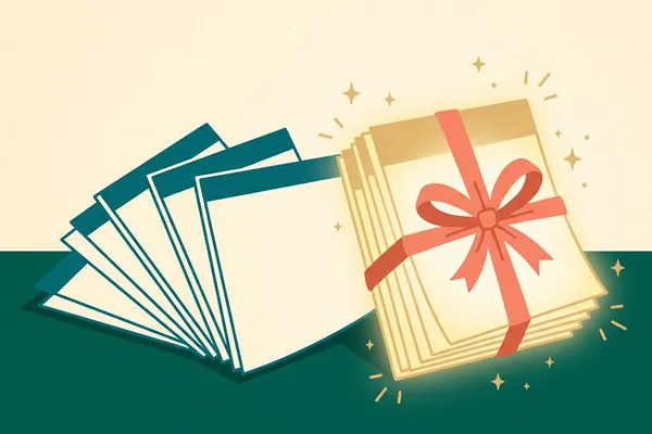 A fan of calendar pages beside a glowing stack tied with a red bow.