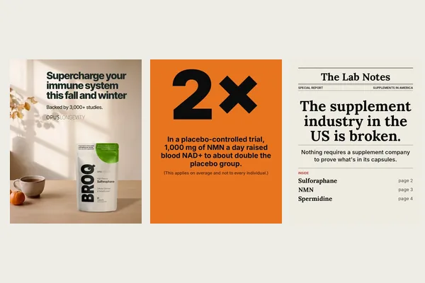 Three of our ads: BROQ for the immune system, a 2x NMN result, and our Lab Notes slideshow.