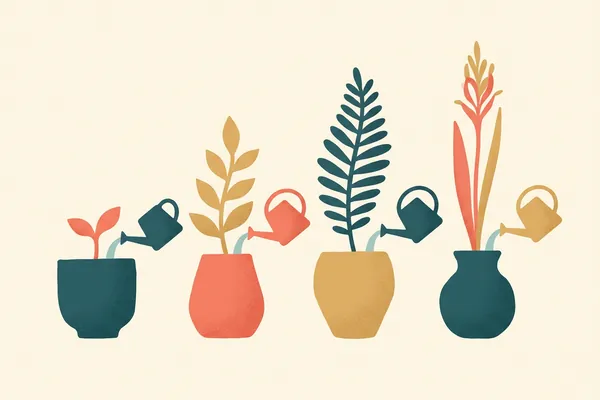 Four potted plants in a row, each watered by its own can.