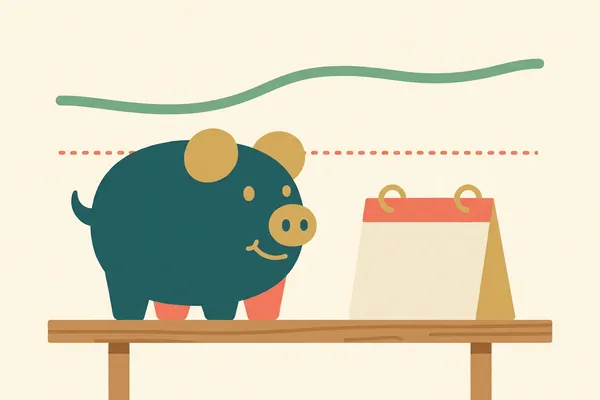 A piggy bank beside a desk calendar, under a gently rising line.