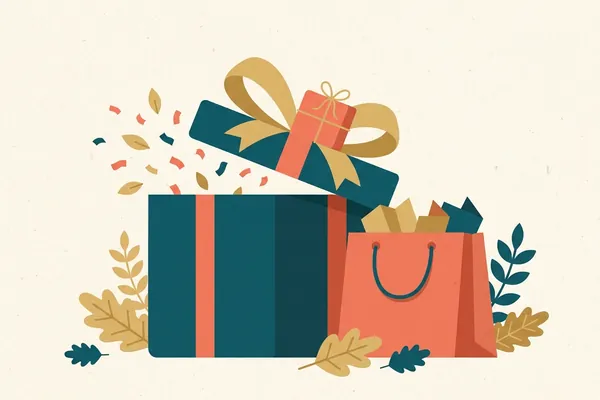 An open gift box and a shopping bag among autumn leaves.