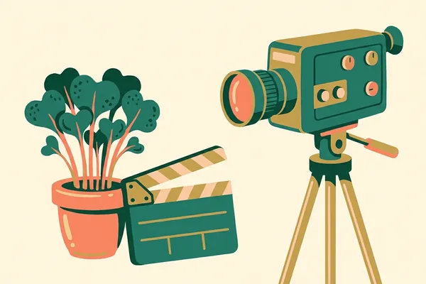 A film camera and clapperboard beside a pot of broccoli sprouts.