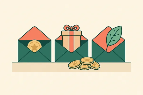 Three envelopes in a row, one with a gold coin, one with a gift and one with a leaf.