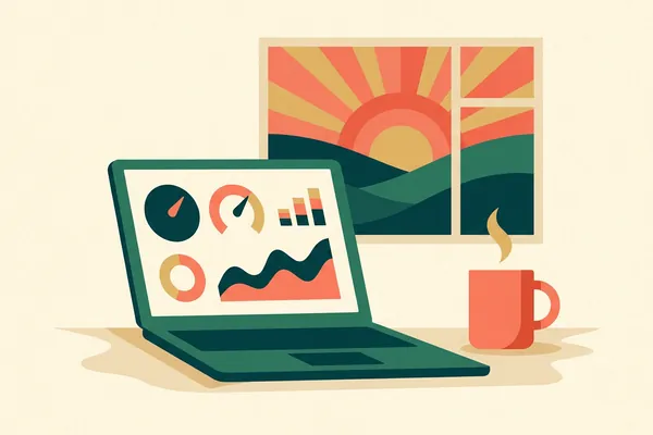 A laptop showing charts and dials, with a sunrise in the window.