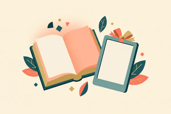 An open book beside a tablet, with leaves around them.