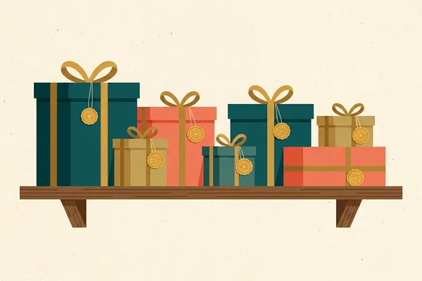 Wrapped gift boxes lined up on a shelf.