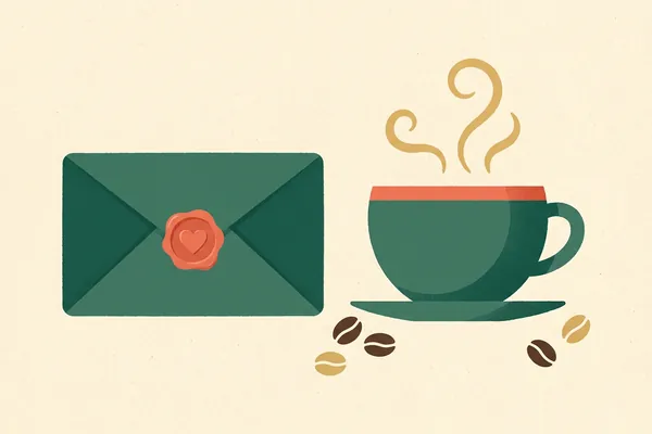 A sealed envelope with a heart seal beside a cup of coffee.