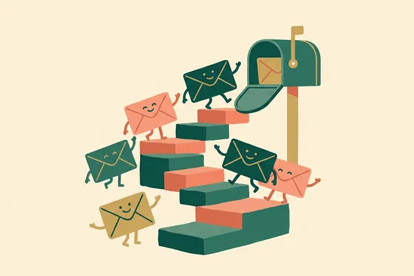 Smiling envelopes climb a staircase toward a mailbox.