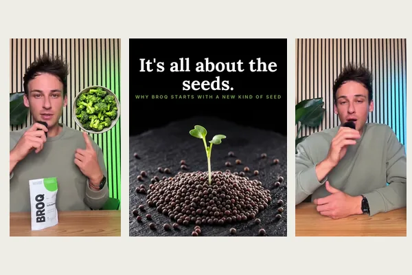 Stills from three of our TikTok videos: a presenter holding broccoli beside a BROQ pack, a sprouting seed, and the presenter talking.