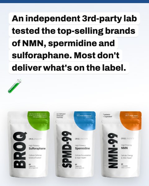 Picture text: An independent 3rd-party lab tested the top-selling brands of NMN, spermidine and sulforaphane. Most don't deliver what's on the label. Beside packs of BROQ, SPMD-99 and NMN-99.
