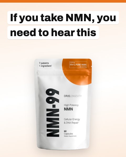 Picture text: If you take NMN, you need to hear this Beside a pack of NMN-99.