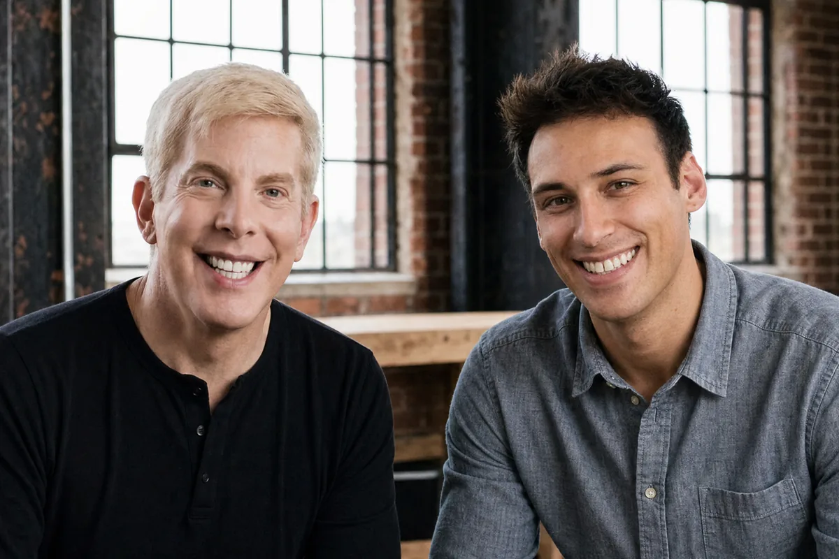 Mike and Nick, smiling, side by side in a sunny brick loft.