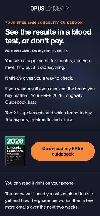 Top of BLOODTEST email 1, nmn-99-test-or-refund on a phone. Tap to see all of it.