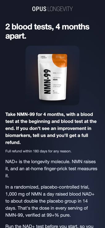 Top of BLOODTEST email 2, nmn-99-test-or-refund on a phone. Tap to see all of it.